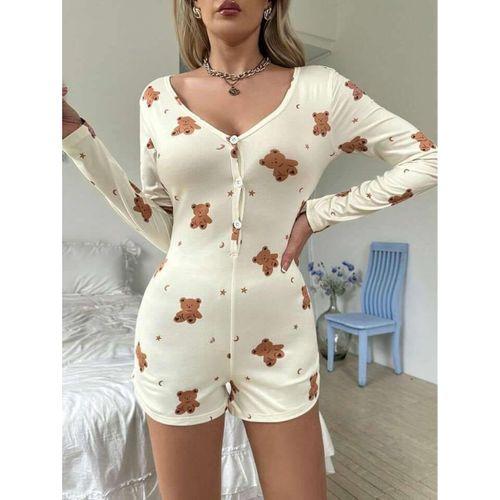 Pamuklu Ekru Ayıcık Desenli Düğmeli Tulum Pijama