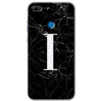 MRCİLETİSİM Honor 9 Lite Kılıf HD Desen Baskılı Arka Kapak + Temperli Cam - Siyah Mermer Desenli I Harfi