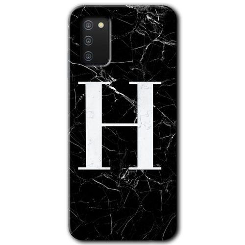 MRCİLETİSİM Samsung Galaxy A02s Kılıf Baskılı Kapak - Siyah Mermer Desenli H Harfi +Tam Kaplayan Mat Seramik