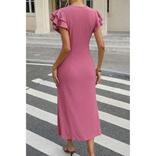 Kadın Kısa Kollu V Yakalı önden Düğmeli Bürümcük Midi Elbise