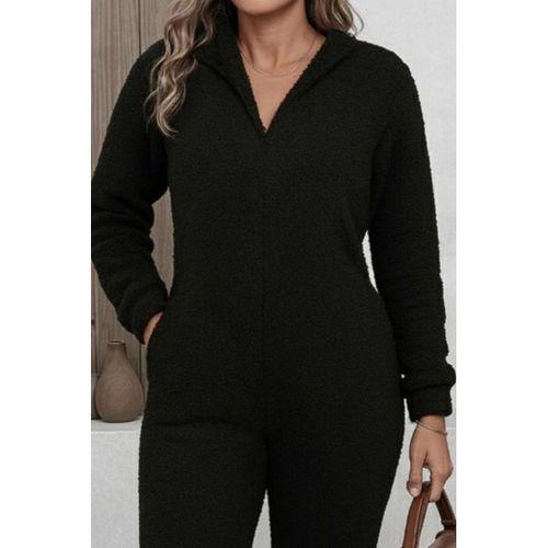 Kadın Uzun Kollu Kapüşonlu Tavşan Kulak Detaylı Peluş Tulum