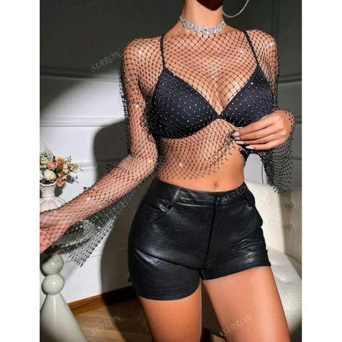 Kadın Siyah Kristal Taşlı File Crop