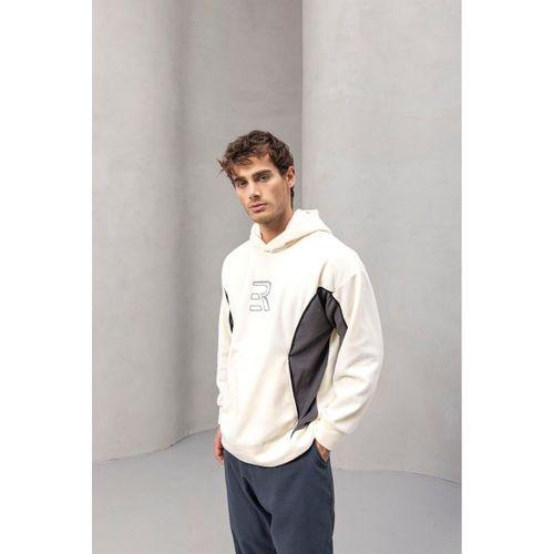Frank Parçalı Kontrast Desenli Kapüşonlu Oversize Cepli Polar Erkek Sweatshirt - Ekru