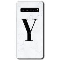 Galaxy S10 Plus Kılıf HD Desen Baskılı Arka Kapak - Beyaz Mermer Desenli Y Harfi + Kırılmaz Cam