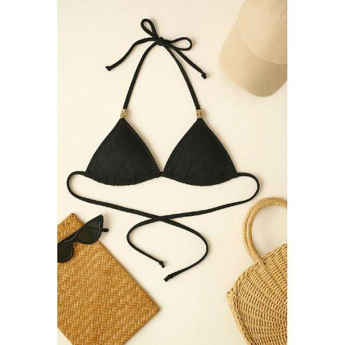 Siyah Pedli Üçgen Bikini Üstü Halter Bağlamalı Aksesuarlı Esnek Kumaş Kadın Mayo Üstü