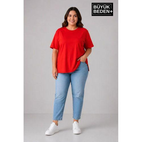 Süperlife Büyük Beden Kadın Bisiklet Yaka Yırtmaç Detaylı 3XL-6XL Tunik Tişört SPR26BTSK501