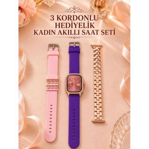 3 Kordonlu Rose Gold Kasalı Kadın Akıllı Saat Seti