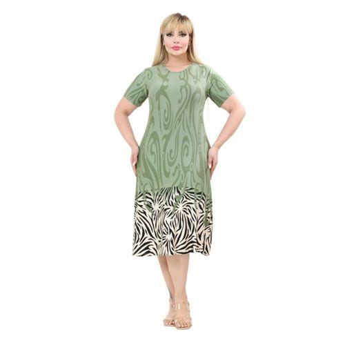 Melsay Butik Yeşil Kısa Kollu Eteği Çizgili Desen A Kesim Büyük Beden Elbise