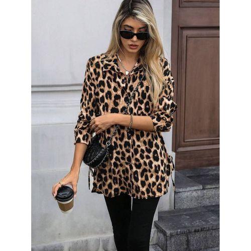 Kadın Uzun Kollu Yakalı önden Düğmeli Yandan Bağcıklı Leopar Desenli Modal Bluz