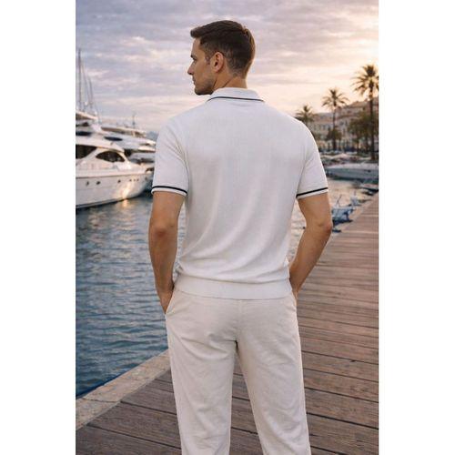 Jared Yakası Şeritli Dik Çizgili Yarım Fermuar İnce Triko Erkek T-Shirt - Beyaz