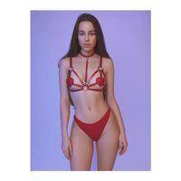 Fantezi Kırmızı Harness Sütyen Kumaş Külot Takımı