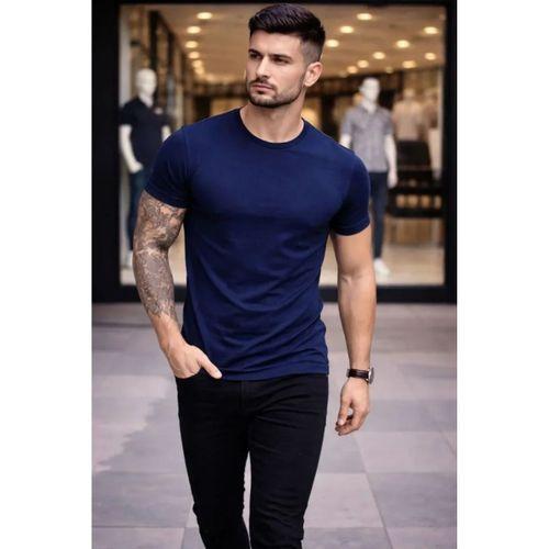 Erkek T-Shirt Bisiklet Yaka Slim Fit Dar Kesim Likralı Tişört Günlük Basic Body - Lacivert