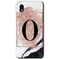 MRCİLETİSİM Samsung Galaxy A01 Core Kılıf Baskılı Kapak - Pembe Mermer Desenli O Harfi +Tam Ekran Koruyucu