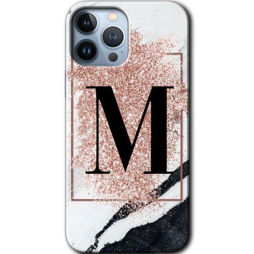 MRCİLETİSİM iPhone 13 Pro Max Kılıf HD Desen Baskılı Arka Kapak + Temperli Cam - Pembe Mermer Desenli M Harfi