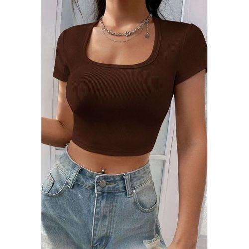 Kadın Kahverengi Şık Kesim Yarım Kol Crop Bluz