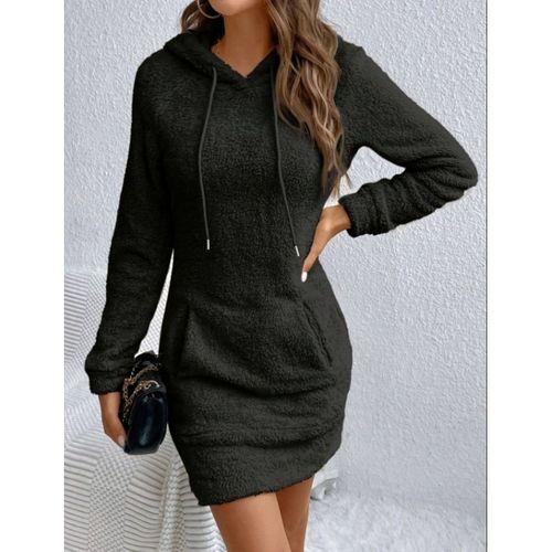 Kadın Uzun Kollu Kapşonlu Cepli Mini Peluş Elbise