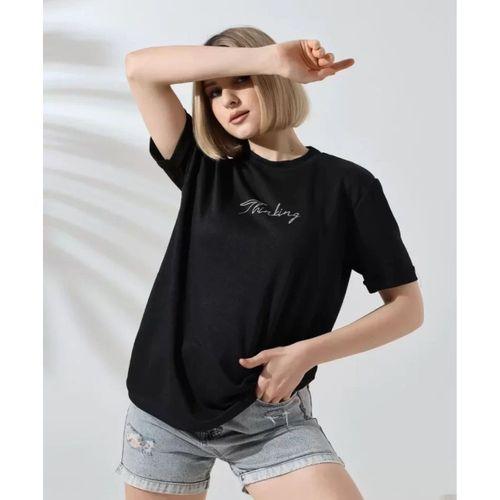 Pilelistore Unisex Bisiklet Yaka Baskılı Slim Fit T-Shirt - Siyah