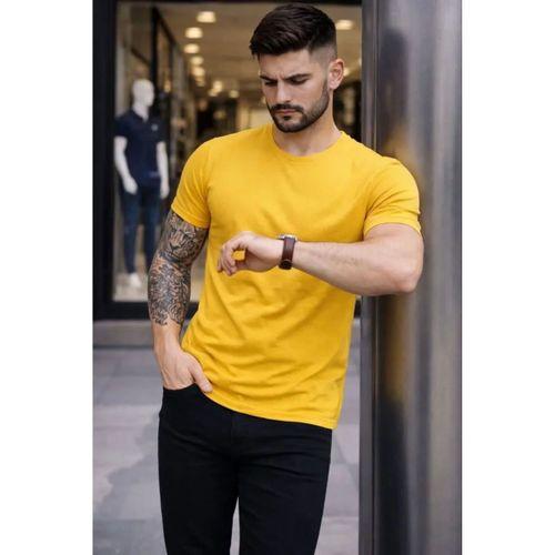 Erkek T-Shirt Bisiklet Yaka Slim Fit Dar Kesim Likralı Tişört Günlük Basic Body - Sarı