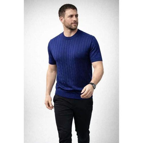 Erkek Yazlık Triko Dokuma Tişört Kısa Kol Bisiklet Yaka Örgü Desenli T-Shirt - Lacivert