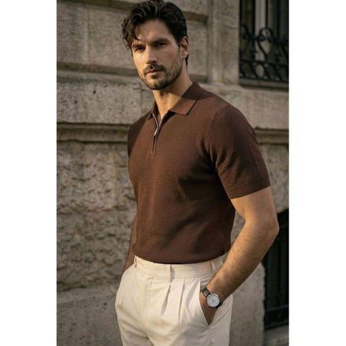 Jeff Selanik Örgü Polo Yaka Yarım Fermuarlı İnce Triko Erkek T-Shirt - Kahve
