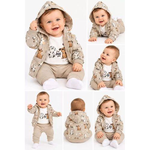 0-9 Ay Köpek Baskılı Kapşon Hırkalı Uzun Kol Bady Penye Bebek Takımı