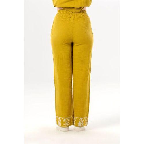 Nirvana Beli Lastikli Müslin Yandan Çift Cepli Nakışlı Pantolon Yağ Yeşili Ygysl