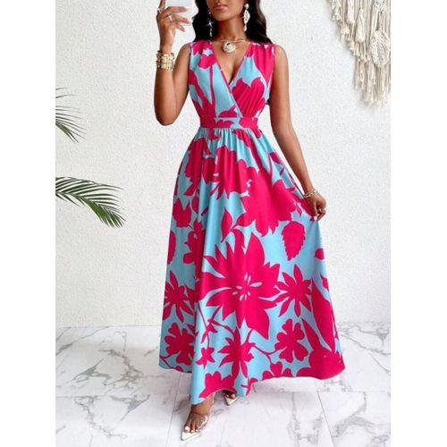 Kadın Askılı Kruvaze Yakalı çiçek Desenli Uzun Süprem Elbise