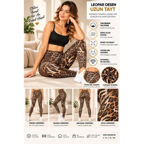 Kadın Leopar Desenli Yüksek Bel Uzun Tayt – %92 Pamuk %8 Lycra, Esnek Kumaş - ryl - 3005