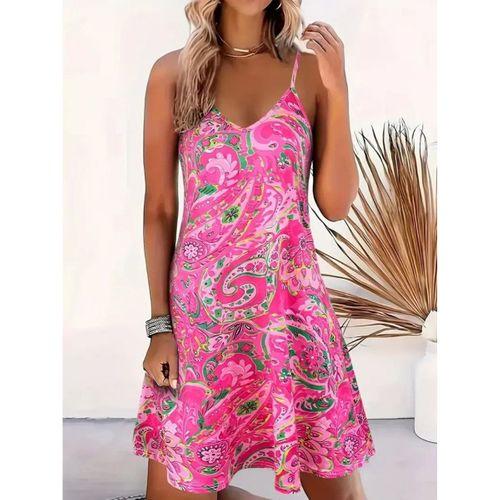 Kadın Ip Askılı V Yakalı Desenli Kısa Süprem Mini Elbise