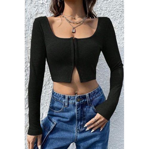 Kadın Siyah Agraflı Göğüs Ve Göbek Dekolteli Uzun Kollu Crop Top Bluz Premium Stil
