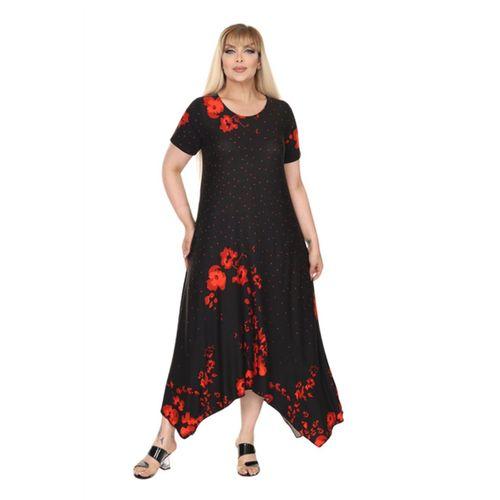 Melsay Butik Kırmızı Puanlı Gelincik Desen Asimetrik Kısa Kollu Elbise