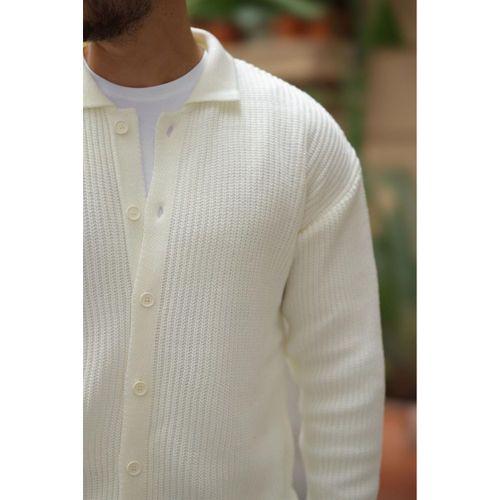 Oversize Selanik Örgü Düğmeli Erkek Hırka- Ekru