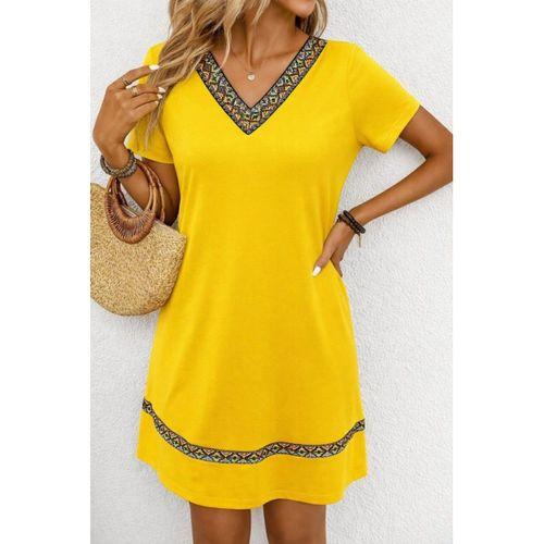 Kadın Kısa Kollu V Yakalı Etnik Desen şerit Detaylı Viskon Elbise