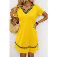 Kadın Kısa Kollu V Yakalı Etnik Desen şerit Detaylı Viskon Elbise