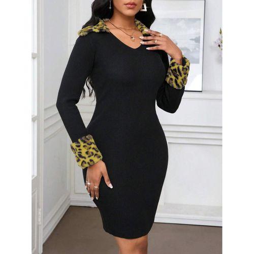 Kadın Uzun Kollu V Yakalı Kürk Detaylı Kaşkorse Elbise