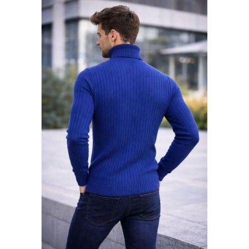 Erkek Balıkcı Yaka Bağazlı Triko Kazak Pamuklu Kalın Fitilli Dokuma, Regular Fit Uzun Kollu Kışlık Model - İndigo