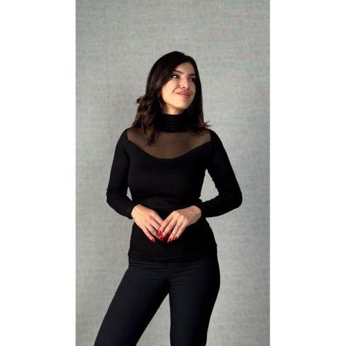 Kadın Uzun Kollu Balıkçı Yaka önü Tül Detay Kaşkorse Kumaş Bluz