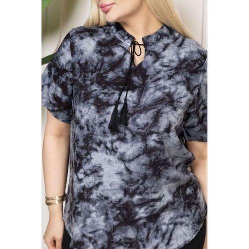 Desenli Püsküllü Viskon Bluz Bebe Yaka Kısa Kollu Big Size Rahat Kesim - Desenli