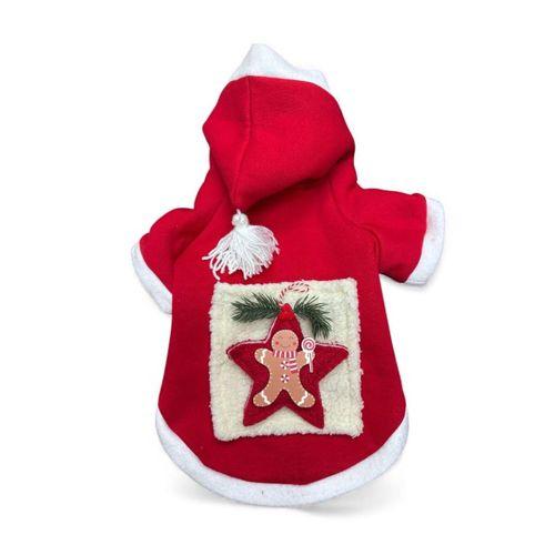Yıldız Desenli Yılbaşı Köpek Kıyafeti Premium Kırmızı Polar | Kapüşonlu Noel Köpek Kostümü | Küçük Irklar İçin