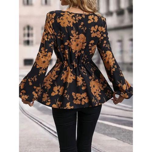 Pilelistore Kadın Uzun Kollu Derin V Yakalı Belden Bağcıklı çiçek Desenli Sandy Bluz