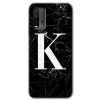 Xiaomi Redmi 9T Kılıf Baskılı Kapak - Siyah Mermer Desenli K Harfi + 5D Tam Kaplayan Cam