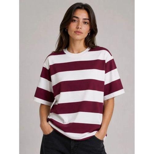 Çizgili Oversize Tişört Bisiklet Yaka Kısa Kol Yazlık T-Shirt - Bordo