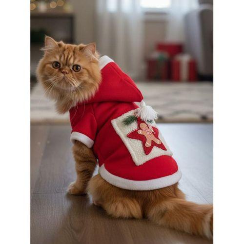 Yıldız Desenli Premium Yılbaşı Kedi Kıyafeti Yıldız Desenli Kırmızı Polar | Kapüşonlu Noel Kedi Kostümü | Kurabiye Temalı