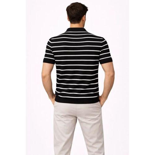 Erkek Triko Polo Yaka Fermuarlı Çizgili Tişört T-Shirt Yazlık Şık - Siyah