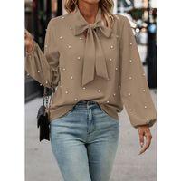 Kadın Uzun Kollu Yakadan Fiyonklu Incili Ithal Krep Bluz