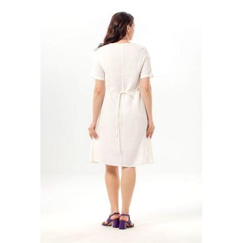 Kısa Kol Lidya Bisiklet Yaka Nakışlı Yazlık Kısa Müslin Elbise Kırık Beyaz KrkByz