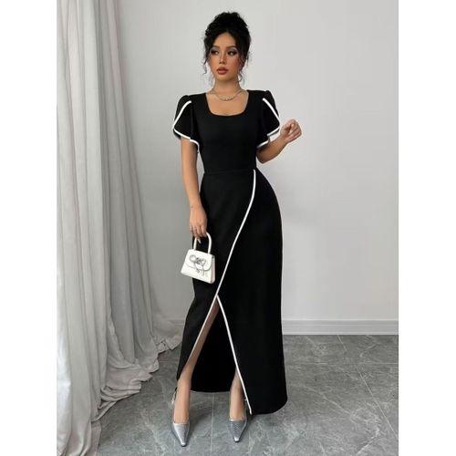 Kadın Kısa Kollu Kare Yakalı önden çapraz Kesim Detaylı Krep Elbise