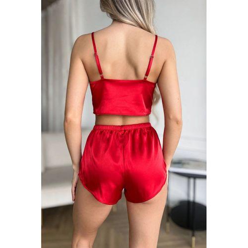Özel Tasarım Kadın Kırmızı Saten Pijama Takımı İnce Askılı Şortlu