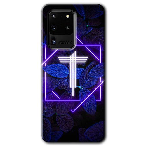 MRCİLETİSİM MRCİLETİSİM Samsung Galaxy S20 Ultra Kılıf HD Desen Baskılı Arka Kapak + Temperli Cam - Dark Neon Yaprak T Harf