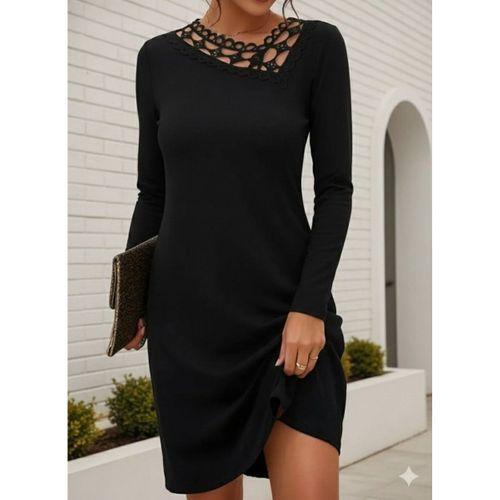 Kadın Uzun Kollu Dantel Yaka Ithal Krep Mini Elbise